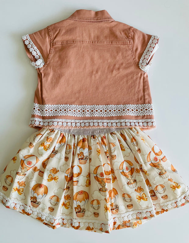 Toddler Girl 3-Piece Outfit – Hot Air Balloon Shirt, Printed Skirt & Jacket Set