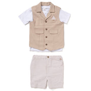3-piece 100% cotton baby boy formal outfit with white tee, beige textured vest, and striped shorts front 