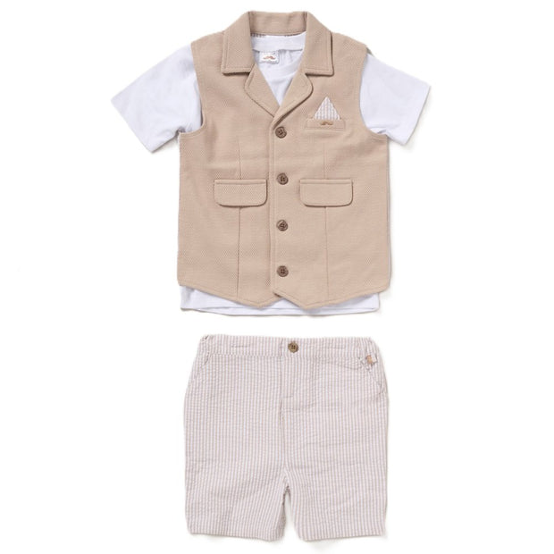 3-piece 100% cotton baby boy formal outfit with white tee, beige textured vest, and striped shorts front 