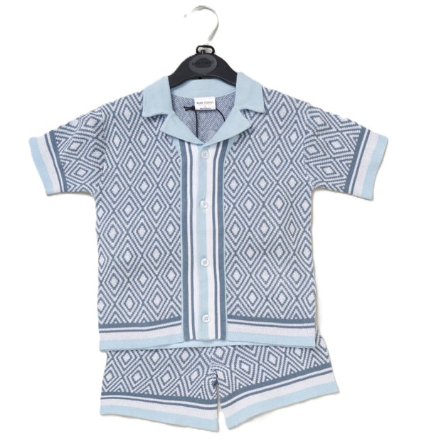 Toddler boy blue knitted shirt and shorts set with diamond pattern and short sleeves