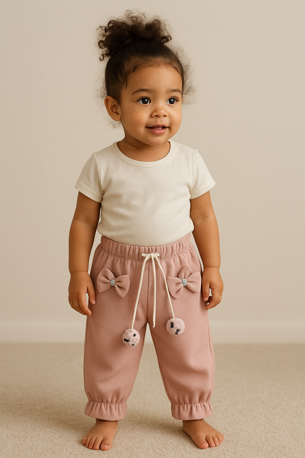 Pink fleece-lined toddler girl jogger pants with bows, pockets, and pom-pom drawstring ties