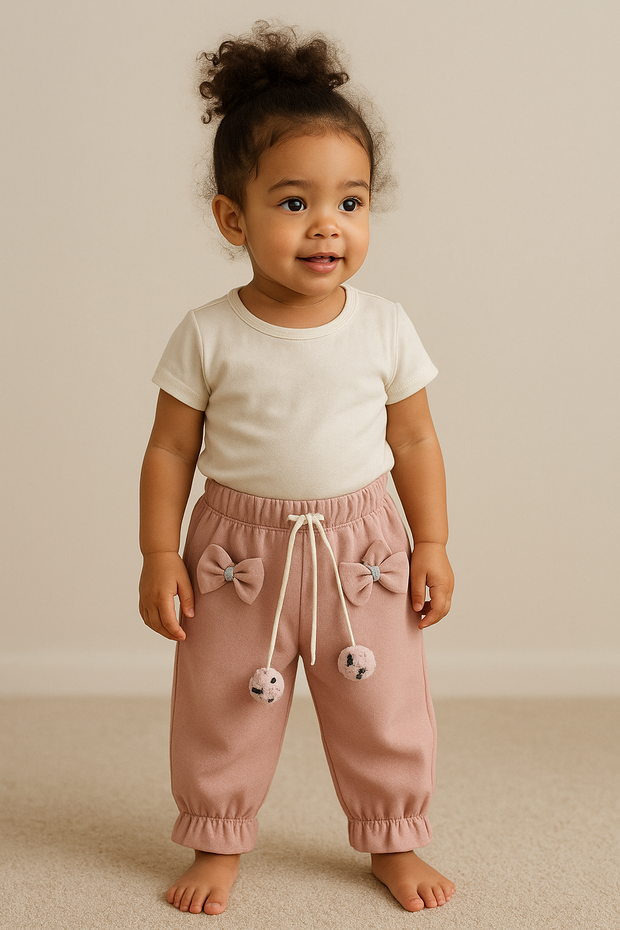 Pink fleece-lined toddler girl jogger pants with bows, pockets, and pom-pom drawstring ties
