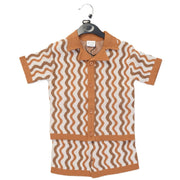 Toddler boy orange and brown knitted shirt and shorts set with waved pattern and short sleeves