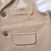 Top 3-piece 100% cotton baby boy formal outfit with white tee, beige textured vest, and striped shorts
