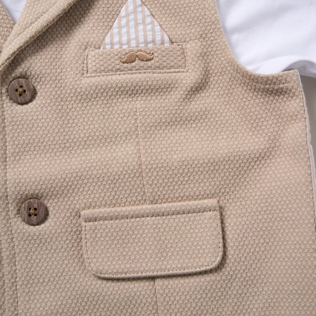 Top 3-piece 100% cotton baby boy formal outfit with white tee, beige textured vest, and striped shorts