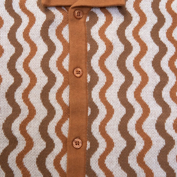 Top Toddler boy orange and brown knitted shirt and shorts set with waved pattern and short sleeves