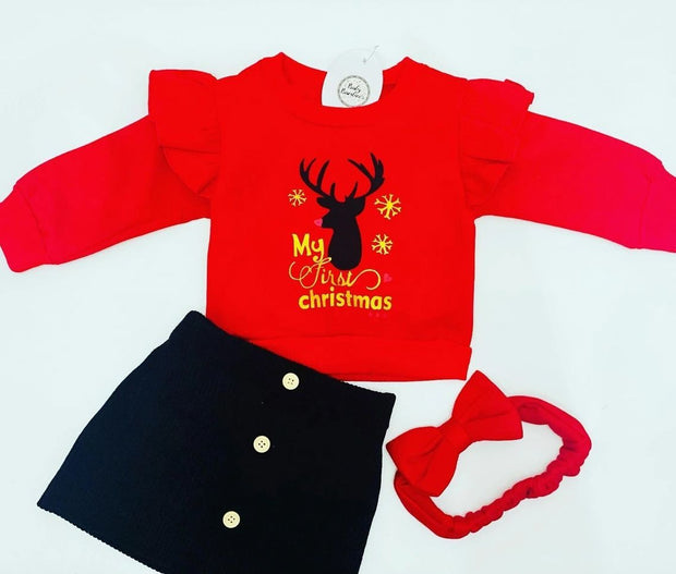 3pc Girls Reindeer Jumper, Skirt & Headband