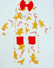 Soft red-pocketed gingerbread all-in-one outfit for girls for Christmas