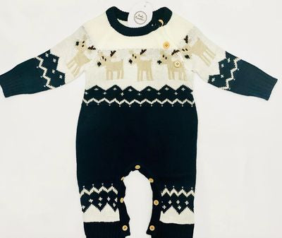 Close-up of reindeer design on baby Christmas romper, 100% acrylic knit