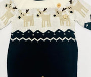Close-up of reindeer design on baby Christmas romper, 100% acrylic knit