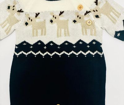 Close-up of reindeer design on baby Christmas romper, 100% acrylic knit